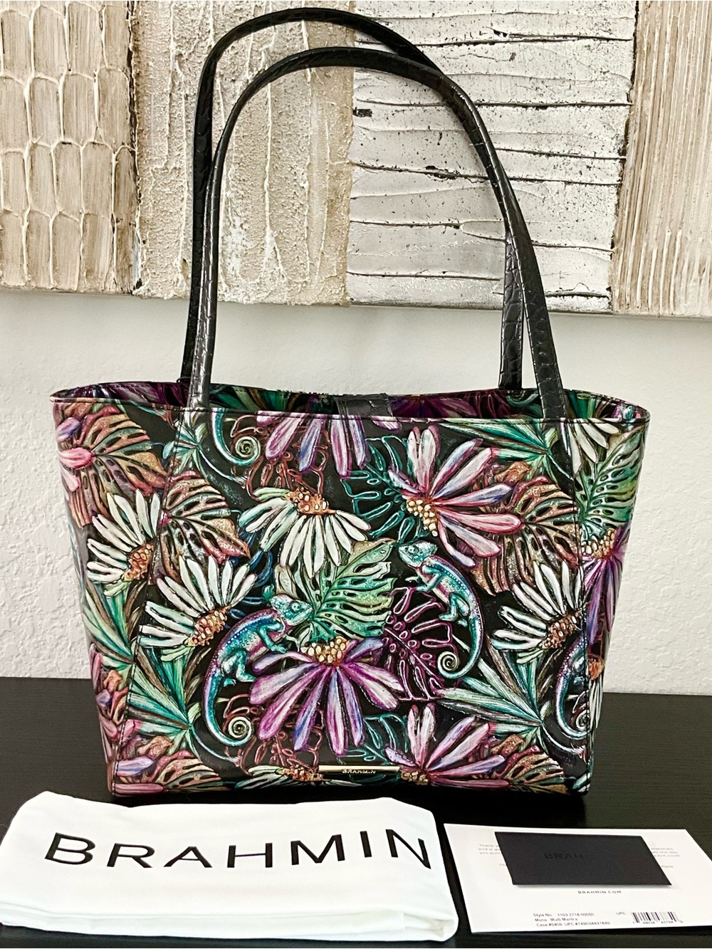 Brahmin Mona MULTI MANTRA Tote Embossed Flowers Iguanas Leaves NWT